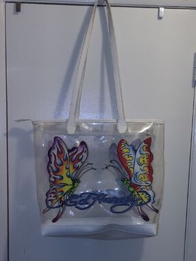 Ed Hardy White Clear Tote with Rainbow Butterfly Design NOW ONLY $45